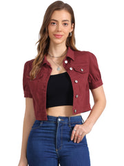 Casual Button-Down Puff Long Sleeve Crop Denim Jacket
