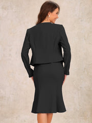 2 Pieces Long Sleeves Collarless Jacket & Sleeveless Fishtail Midi Dress Sets