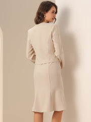 2 Pieces Long Sleeves Collarless Jacket & Sleeveless Fishtail Midi Dress Sets