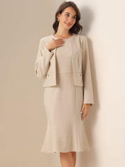 2 Pieces Long Sleeves Collarless Jacket & Sleeveless Fishtail Midi Dress Sets