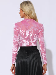 See Through Mesh Mock Neck Velvet Floral Blouse