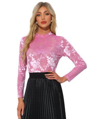See Through Mesh Mock Neck Velvet Floral Blouse