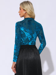 See Through Mesh Mock Neck Velvet Floral Blouse