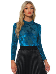 See Through Mesh Mock Neck Velvet Floral Blouse