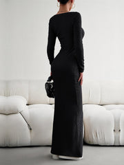 Solid Color Long Sleeve Knitted Maxi Bodycon Sweater Dress