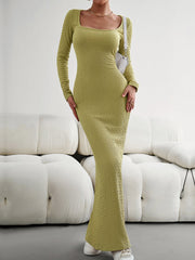 Solid Color Long Sleeve Knitted Maxi Bodycon Sweater Dress