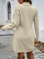 Mock Neck Faux Pearl Decor Mini Sweater Dress
