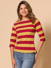 Striped 3/4 Sleeve Casual Basic Boat Neck T-shirt