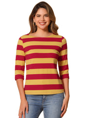 Striped 3/4 Sleeve Casual Basic Boat Neck T-shirt