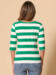 Striped 3/4 Sleeve Casual Basic Boat Neck T-shirt