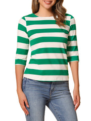 Striped 3/4 Sleeve Casual Basic Boat Neck T-shirt
