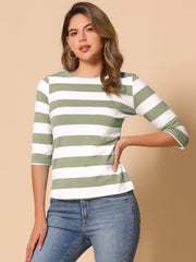 Striped 3/4 Sleeve Casual Basic Boat Neck T-shirt