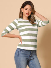 Striped 3/4 Sleeve Casual Basic Boat Neck T-shirt