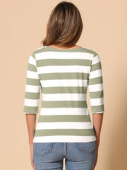Striped 3/4 Sleeve Casual Basic Boat Neck T-shirt