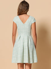 Plaid Tweed Round Neck Cap Sleeve A-Line Vintage Pleated Dress