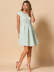 Plaid Tweed Round Neck Cap Sleeve A-Line Vintage Pleated Dress