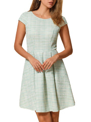 Plaid Tweed Round Neck Cap Sleeve A-Line Vintage Pleated Dress