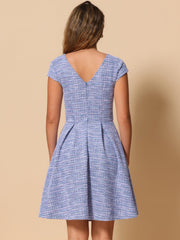 Plaid Tweed Round Neck Cap Sleeve A-Line Vintage Pleated Dress