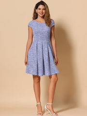 Plaid Tweed Round Neck Cap Sleeve A-Line Vintage Pleated Dress