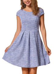 Plaid Tweed Round Neck Cap Sleeve A-Line Vintage Pleated Dress