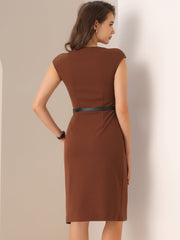 Elegant Business Cap Sleeve Belted Pencil Work Sheath Dress