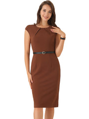 Elegant Business Cap Sleeve Belted Pencil Work Sheath Dress