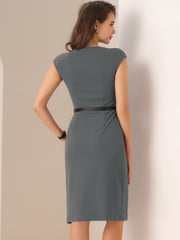 Elegant Business Cap Sleeve Belted Pencil Work Sheath Dress