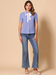 Polka Dot Peter Pan Collar Bow Tie Neck Puff Sleeve Vintage Shirt