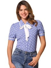 Polka Dot Peter Pan Collar Bow Tie Neck Puff Sleeve Vintage Shirt
