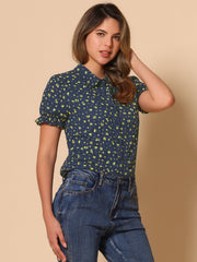 Floral Printed Peter Pan Collar Cotton Short Sleeve Shirt