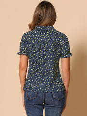 Floral Printed Peter Pan Collar Cotton Short Sleeve Shirt