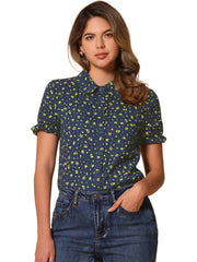 Floral Printed Peter Pan Collar Cotton Short Sleeve Shirt