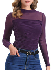 Mesh Solid Long Sleeve Mock Neck Sheer Panel Side Shirring Top