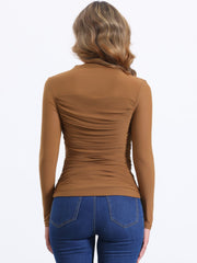 Mesh Solid Long Sleeve Mock Neck Sheer Panel Side Shirring Top