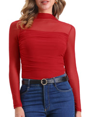 Mesh Solid Long Sleeve Mock Neck Sheer Panel Side Shirring Top