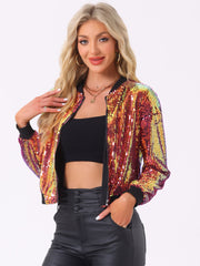 Sequin Sparkle Party Long Sleeve Zipper Bomber Jacket