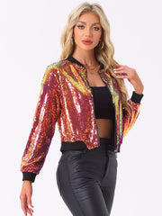 Sequin Sparkle Party Long Sleeve Zipper Bomber Jacket