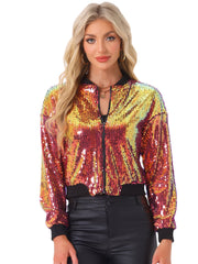 Sequin Sparkle Party Long Sleeve Zipper Bomber Jacket