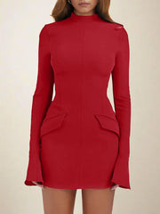 Mock Neck Solid Color Long Sleeve Bodycon Mini Dress