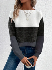 Round Neck Colorblock Long Sleeve Knitted Sweater