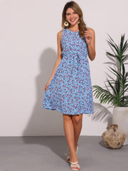 Floral Drawstring Waist Sleeveless A-Line Midi Dress Sundress