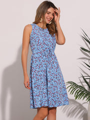 Floral Drawstring Waist Sleeveless A-Line Midi Dress Sundress