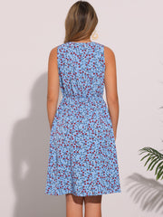 Floral Drawstring Waist Sleeveless A-Line Midi Dress Sundress