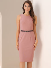 Belted Sheath Round Neck Sleeveless Casual Office Dress