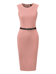 Belted Sheath Round Neck Sleeveless Casual Office Dress