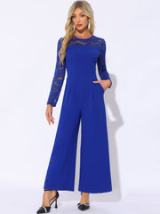 Crew Neck Mesh Lace Sleeve Wide Leg Jumpsuit