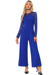 Crew Neck Mesh Lace Sleeve Wide Leg Jumpsuit