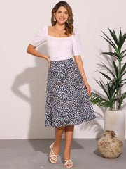 Floral Peasant Elastic Waist A-Line Ditsy Leave Midi Skirt