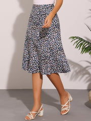 Floral Peasant Elastic Waist A-Line Ditsy Leave Midi Skirt