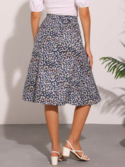 Floral Peasant Elastic Waist A-Line Ditsy Leave Midi Skirt